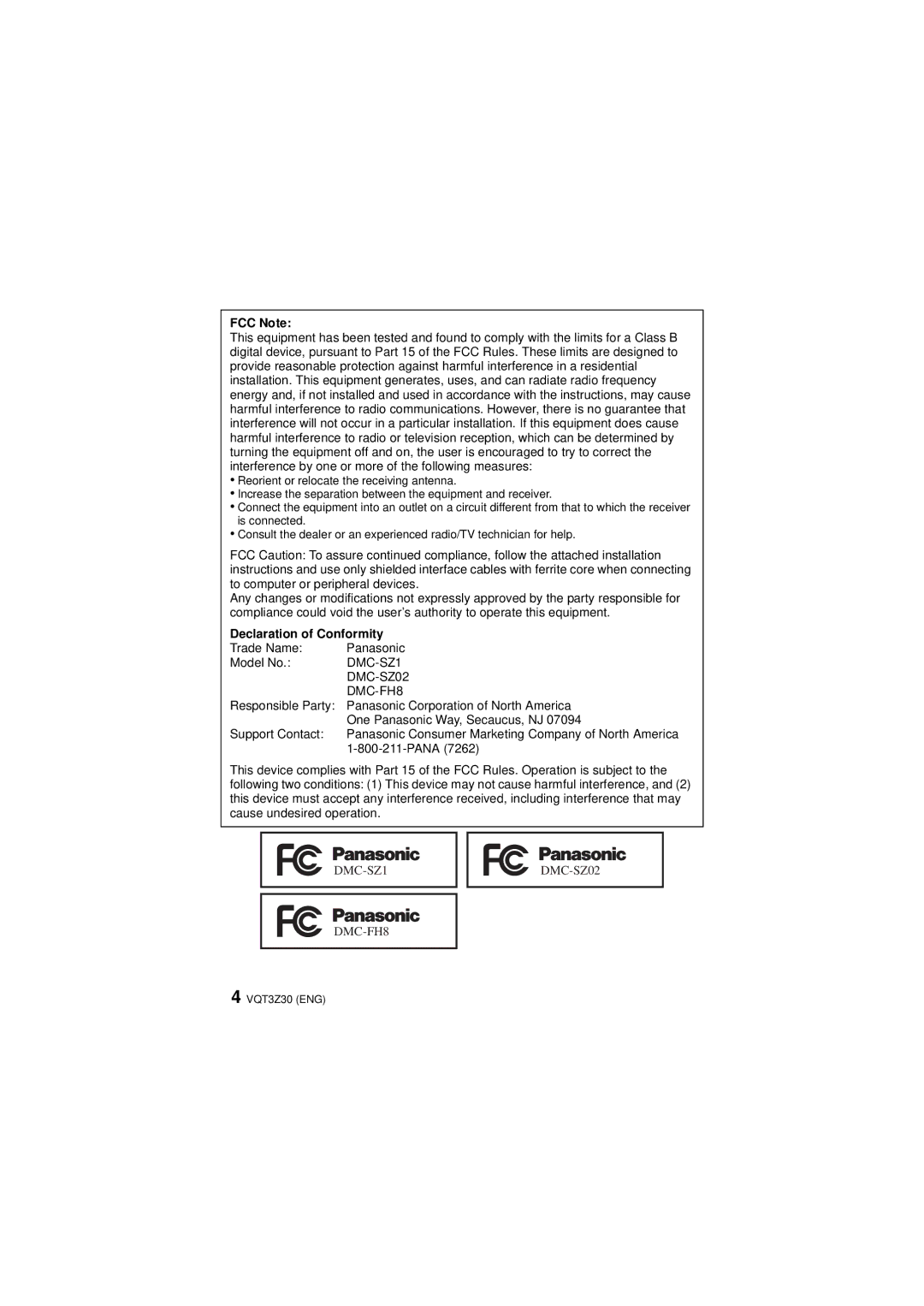 Panasonic DMC-SZ02, DMC-FH8K, DMC-FH8V, DMC-FH8S, DMC-SZ1S, DMC-SZ1A, DMC-SZ1K, DMC-SZ1R FCC Note, Declaration of Conformity 