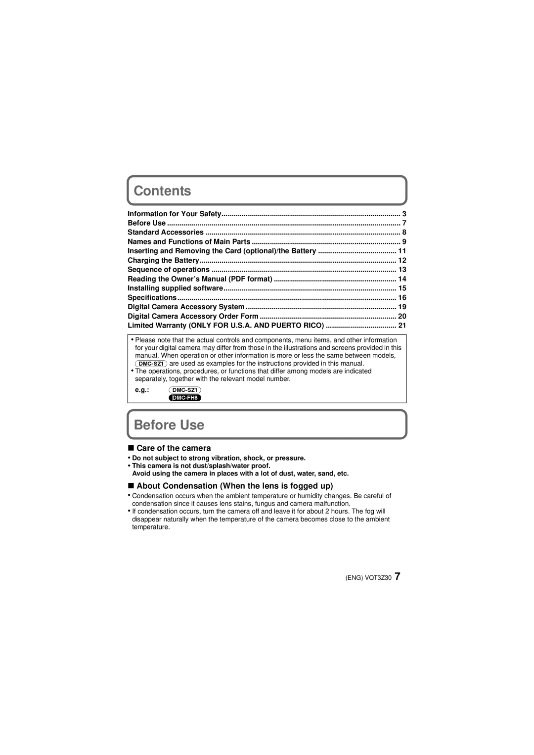 Panasonic DMC-SZ1R, DMC-FH8K, DMC-FH8V, DMC-FH8S, DMC-SZ1S, DMC-SZ02, DMC-SZ1A, DMC-SZ1K owner manual Contents, Before Use 