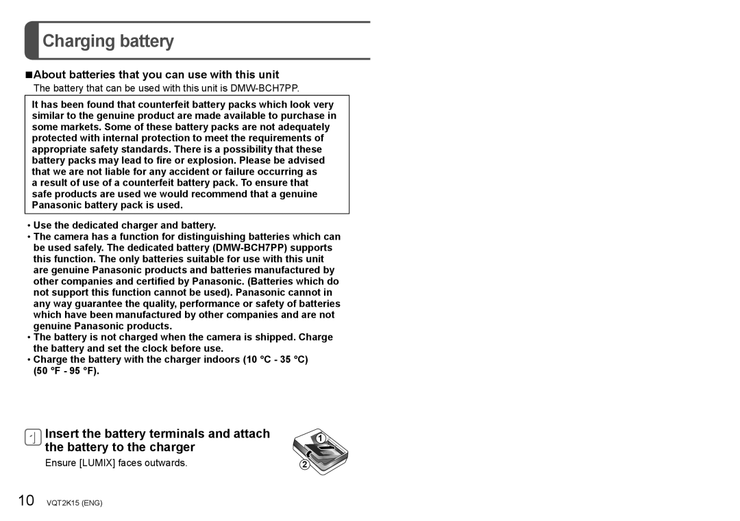 Panasonic DMC-FP2, DMC-FP1 Charging battery, About batteries that you can use with this unit, Ensure Lumix faces outwards 