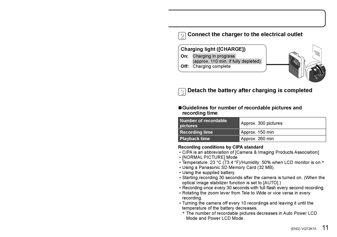 Panasonic DMC-FP2H, DMC-FP1 Connect the charger to the electrical outlet, Detach the battery after charging is completed 