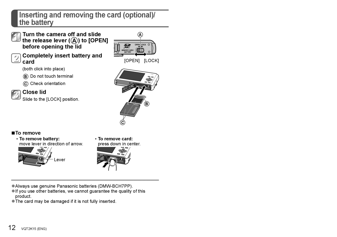 Panasonic DMC-FP1, DMC-FP2H Inserting and removing the card optional/ the battery, Close lid, To remove 