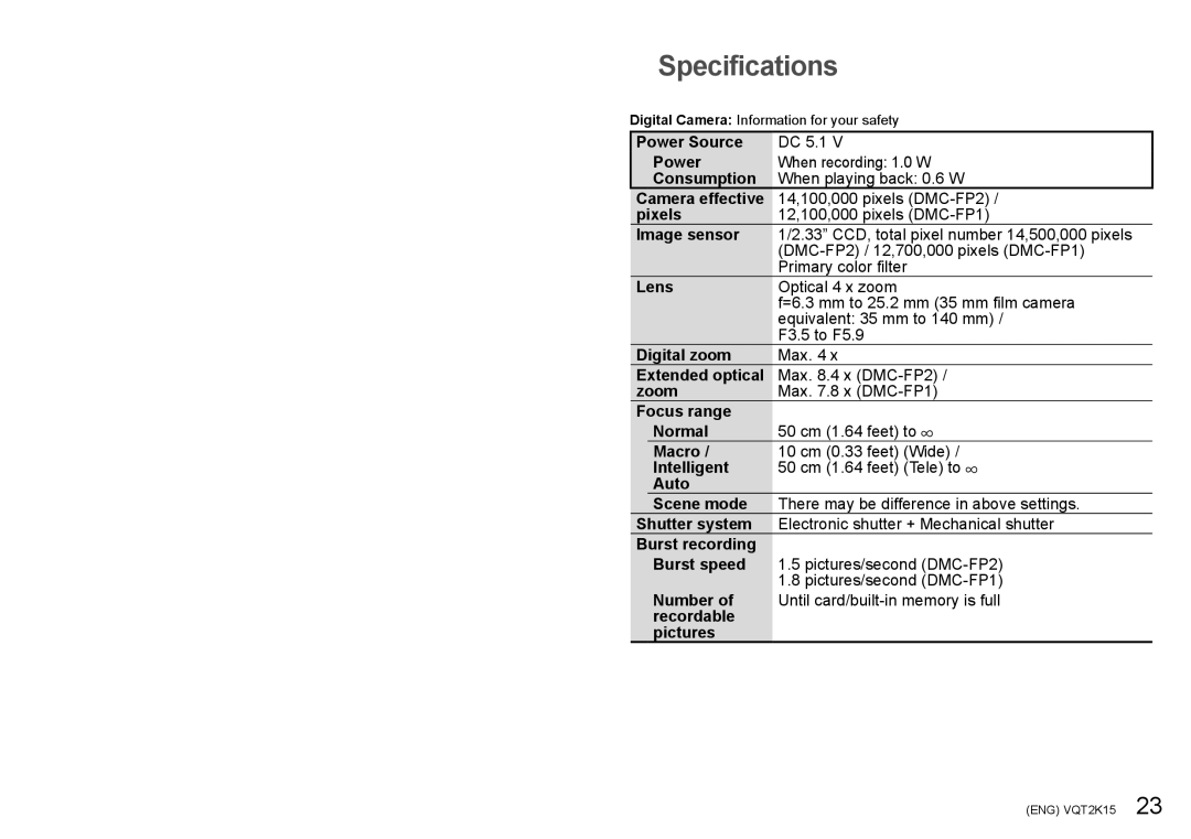 Panasonic DMC-FP2H, DMC-FP1 operating instructions Specifications 