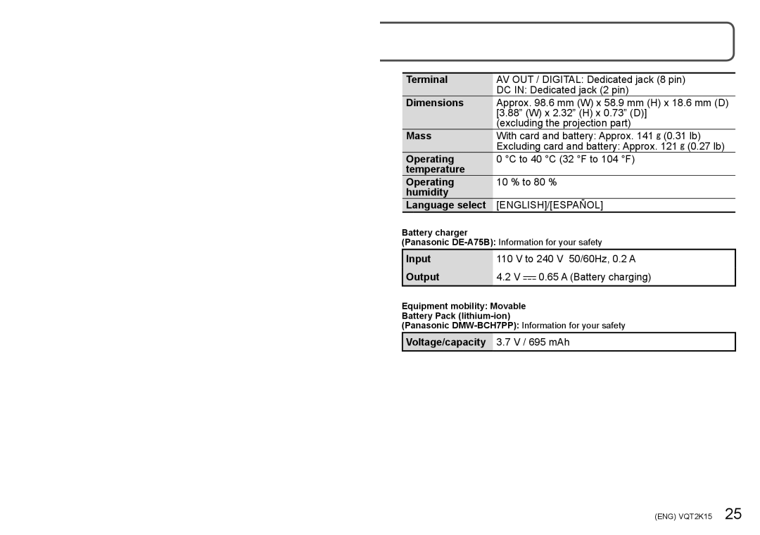 Panasonic DMC-FP2, DMC-FP1 Terminal, Dimensions, Mass, Temperature Operating, Humidity Language select, Input, Output 