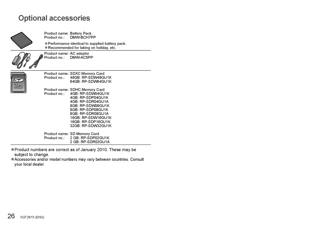 Panasonic DMC-FP2H, DMC-FP1 operating instructions Optional accessories 