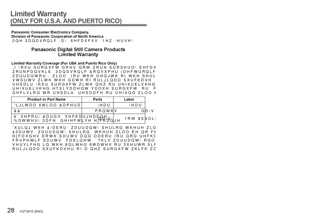 Panasonic DMC-FP1, DMC-FP2H operating instructions Panasonic Digital Still Camera Products Limited Warranty 