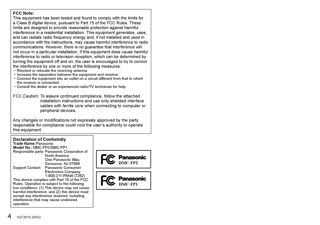 Panasonic DMC-FP1, DMC-FP2H operating instructions FCC Note, Declaration of Conformity 