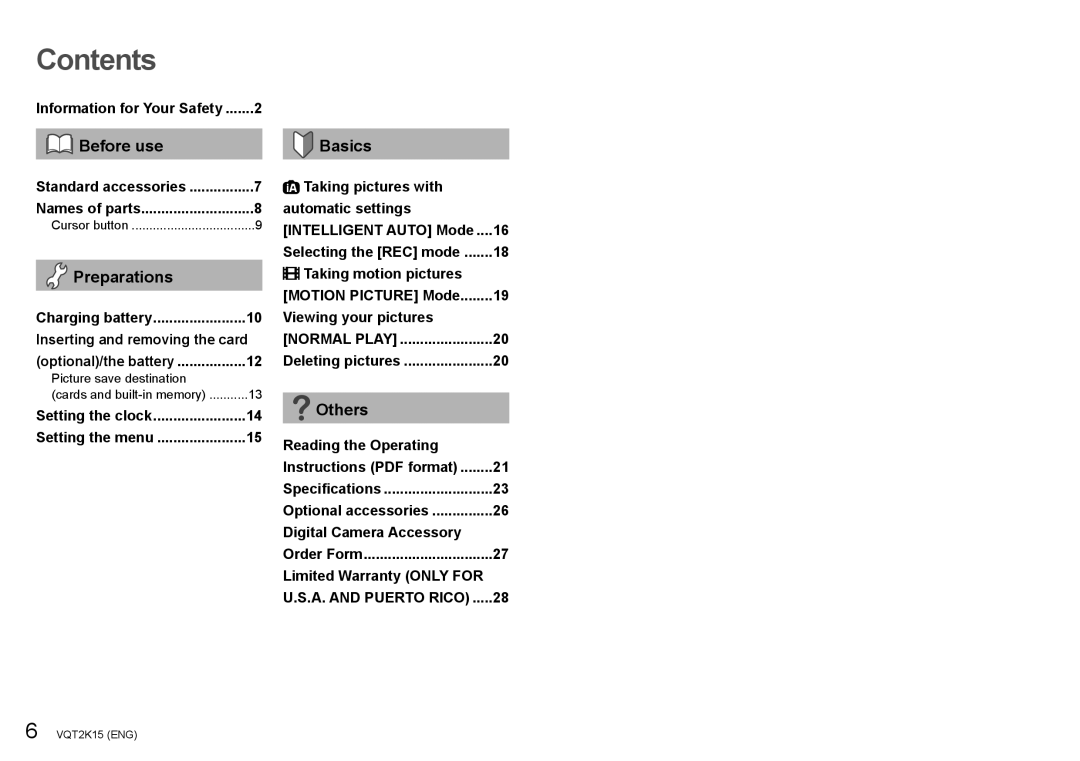 Panasonic DMC-FP1, DMC-FP2H operating instructions Contents 