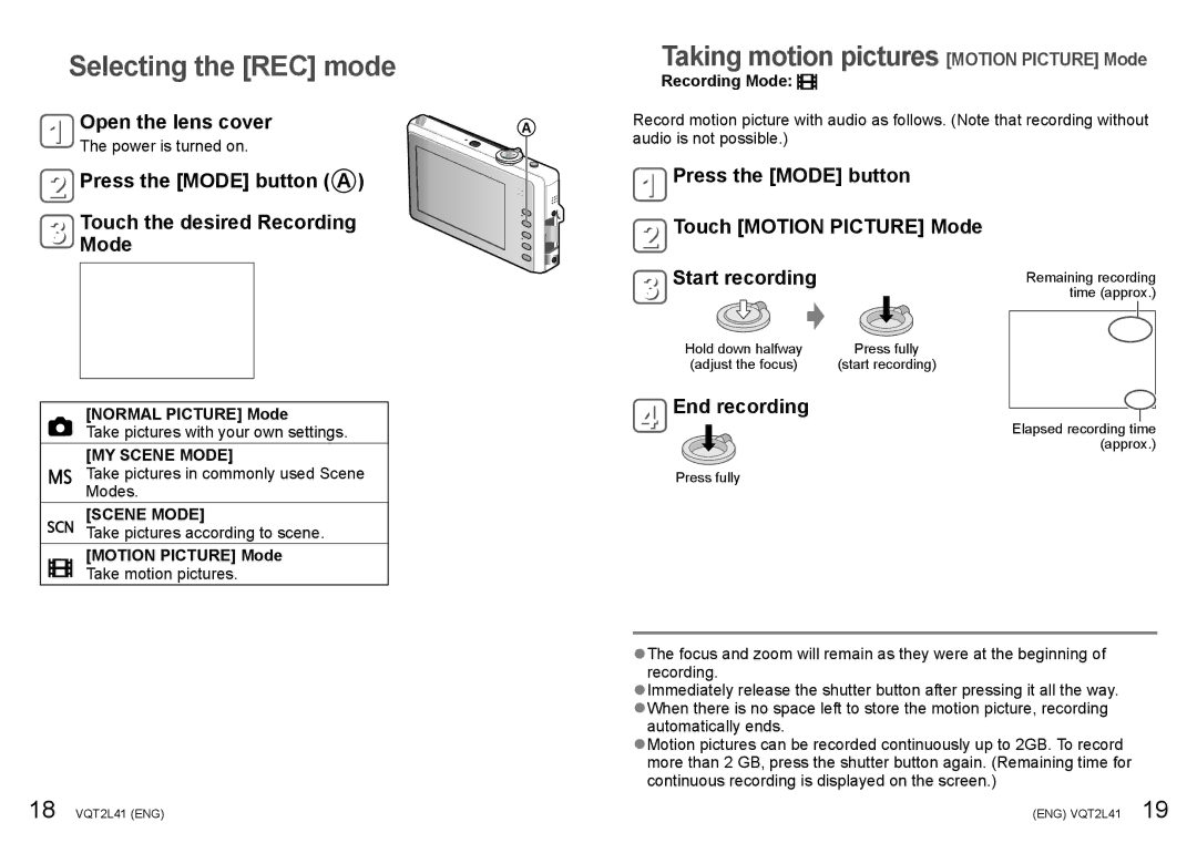 Panasonic DMC-FP3 Selecting the REC mode, Press the Mode button a Touch the desired Recording, End recording 