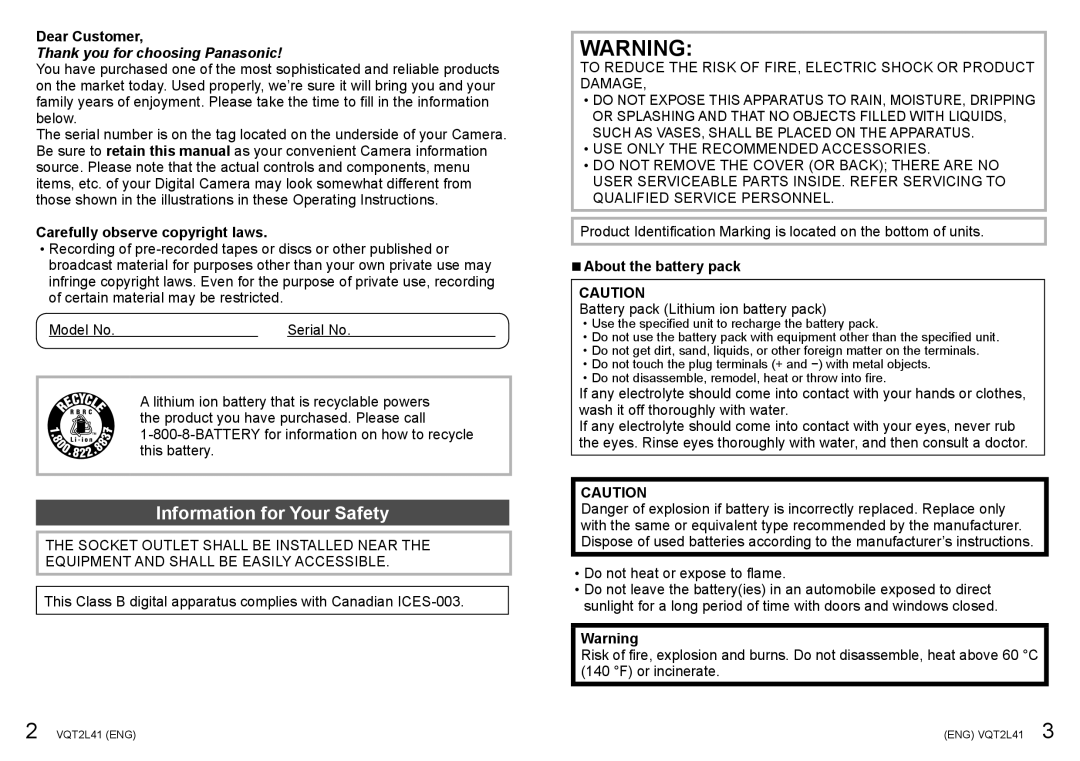 Panasonic DMC-FP3 Information for Your Safety, Dear Customer, Carefully observe copyright laws, About the battery pack 