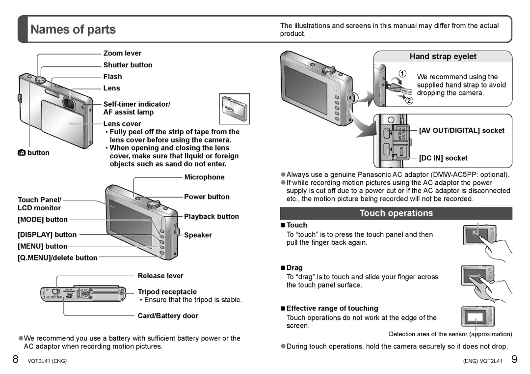 Panasonic DMC-FP3 operating instructions Names of parts, Touch operations, Hand strap eyelet 