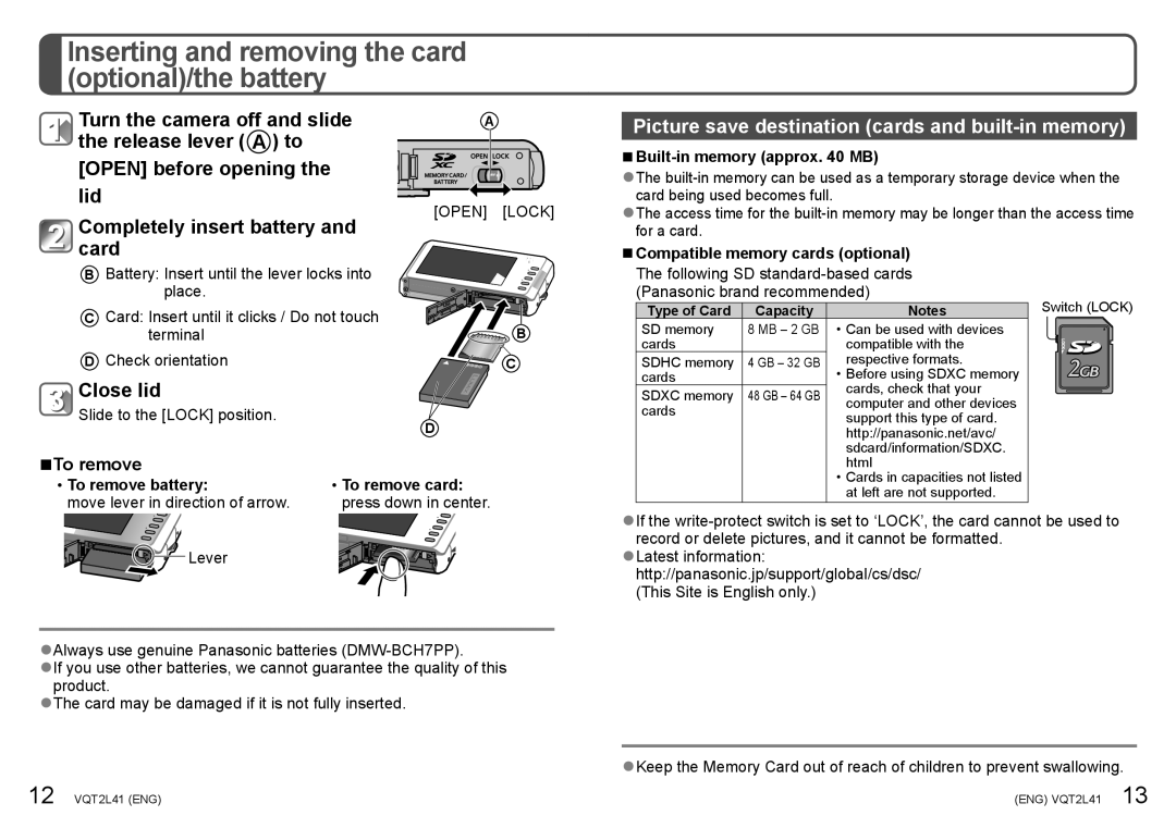 Panasonic DMC-FP3 Inserting and removing the card optional/the battery, Picture save destination cards and built-in memory 