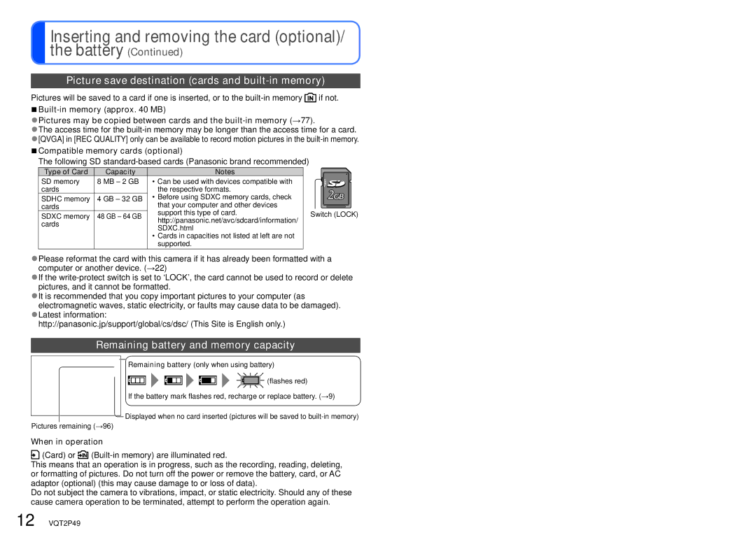 Panasonic DMC-FP3 Battery, Picture save destination cards and built-in memory, Remaining battery and memory capacity 