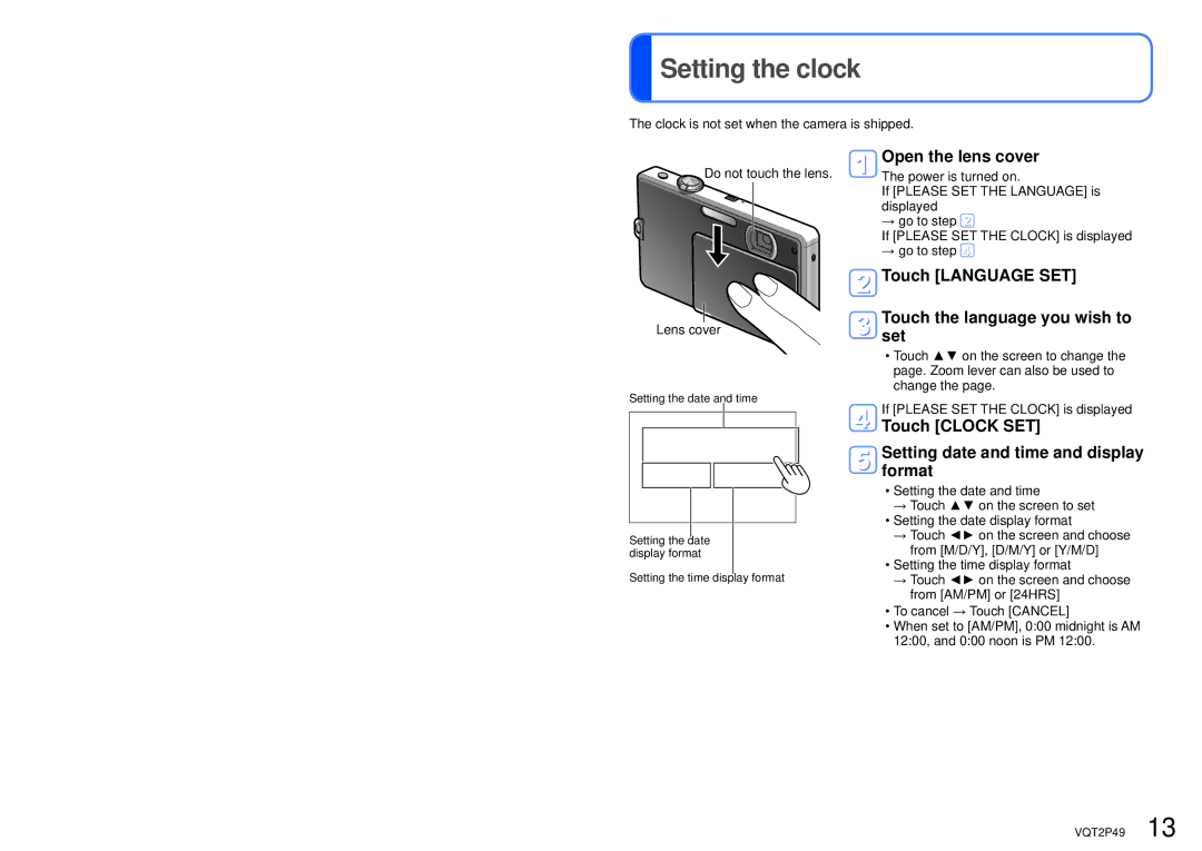 Panasonic DMC-FP3 Setting the clock, Open the lens cover, Touch Language SET Touch the language you wish to set 