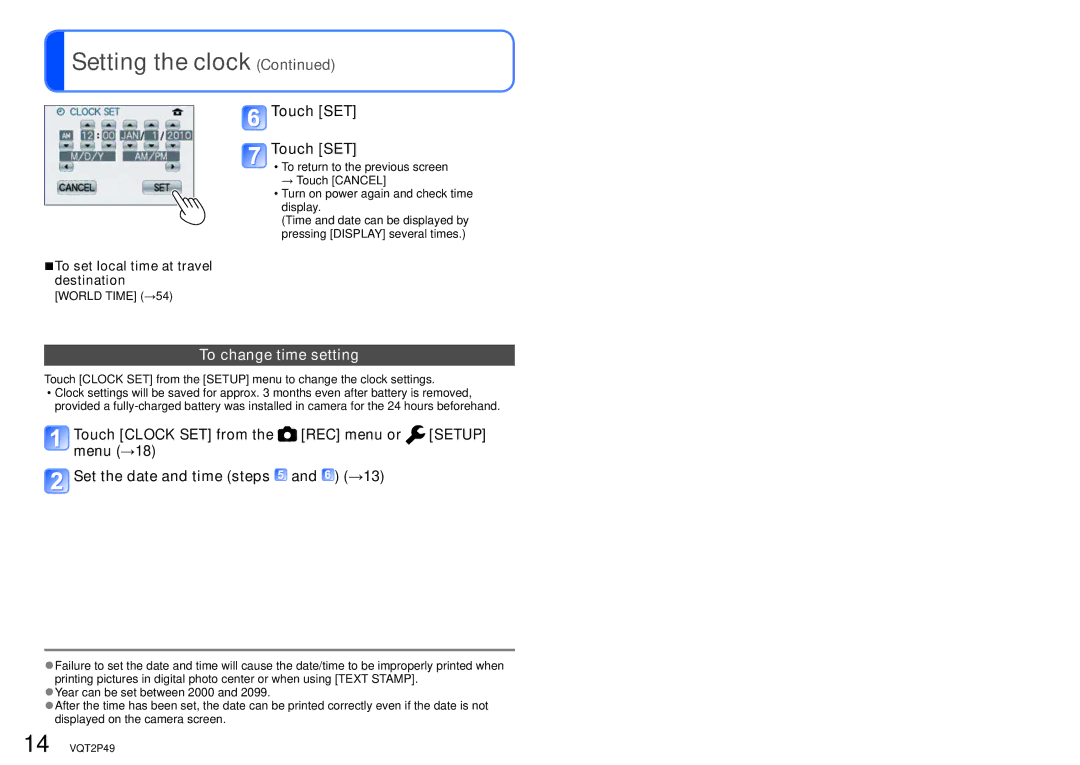 Panasonic DMC-FP3 Touch SET, To change time setting, To set local time at travel destination, World Time →54 