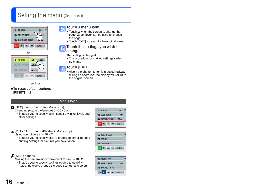 Panasonic DMC-FP3 operating instructions Touch a menu item, Touch the settings you wish to change, Touch Exit, Menu type 