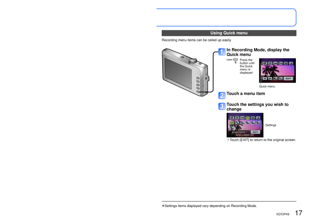 Panasonic DMC-FP3 Using Quick menu, Recording Mode, display Quick menu, Recording menu items can be called up easily 