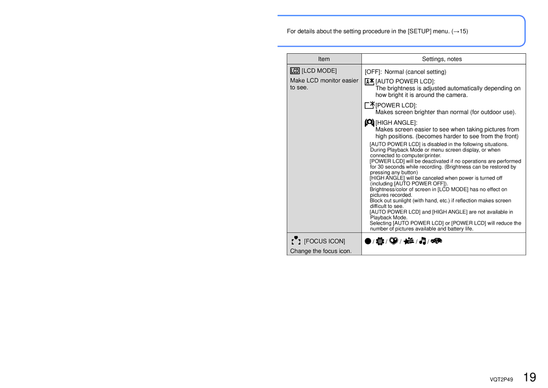 Panasonic DMC-FP3 operating instructions LCD Mode, Auto Power LCD, High Angle, Focus Icon 