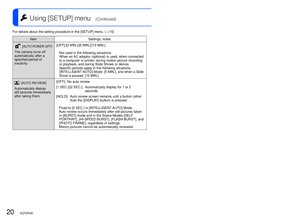 Panasonic DMC-FP3 operating instructions OFF/2 MIN./5 MIN./10 MIN, Auto Review 