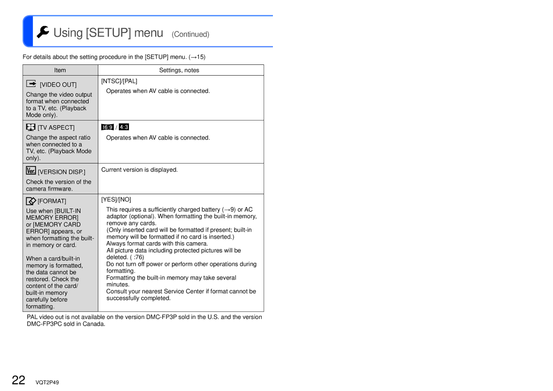 Panasonic DMC-FP3 operating instructions Ntsc/Pal, TV Aspect, Version Disp, Format 