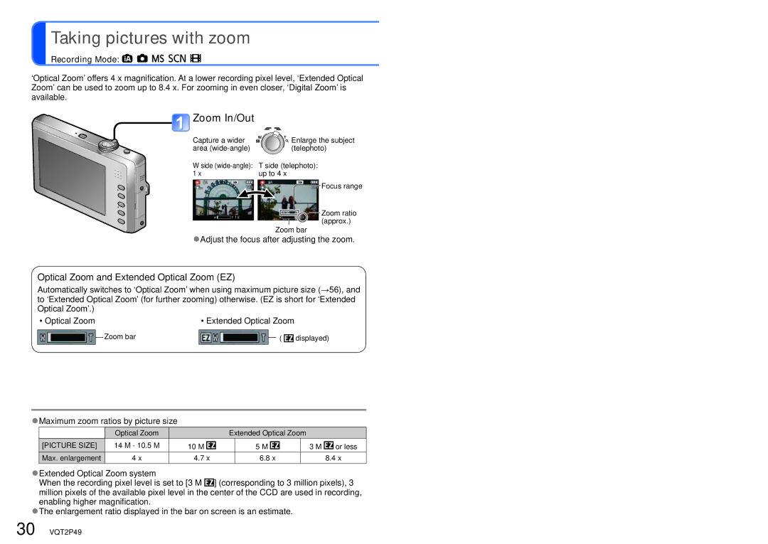 Panasonic DMC-FP3 operating instructions Taking pictures with zoom, Zoom In/Out, Adjust the focus after adjusting the zoom 