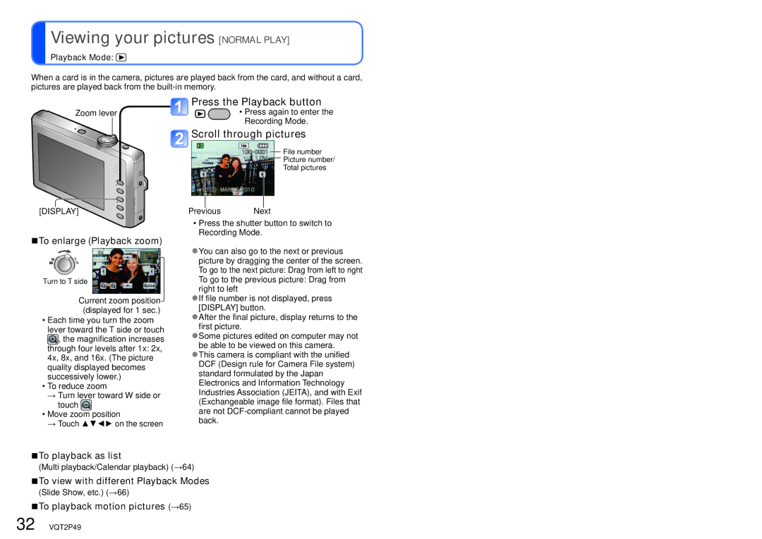 Panasonic DMC-FP3 Viewing your pictures Normal Play, Press the Playback button, Scroll through pictures 