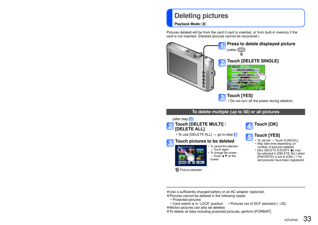 Panasonic DMC-FP3 Deleting pictures, To delete multiple up to 50 or all pictures, Touch Delete Multi, Touch OK Touch YES 