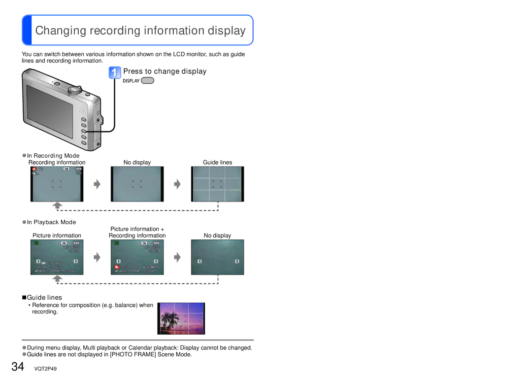 Panasonic DMC-FP3 operating instructions Changing recording information display, Press to change display, Guide lines 