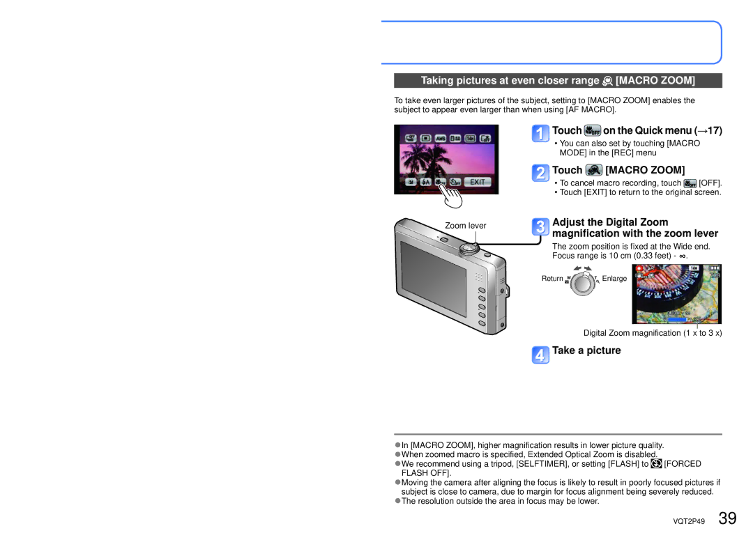 Panasonic DMC-FP3 operating instructions Taking pictures at even closer range Macro Zoom, Touch Macro Zoom 