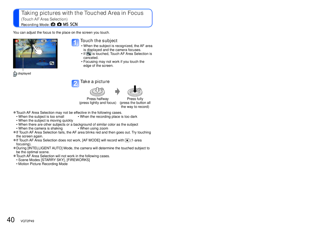 Panasonic DMC-FP3 operating instructions Taking pictures with the Touched Area in Focus, Touch the subject 