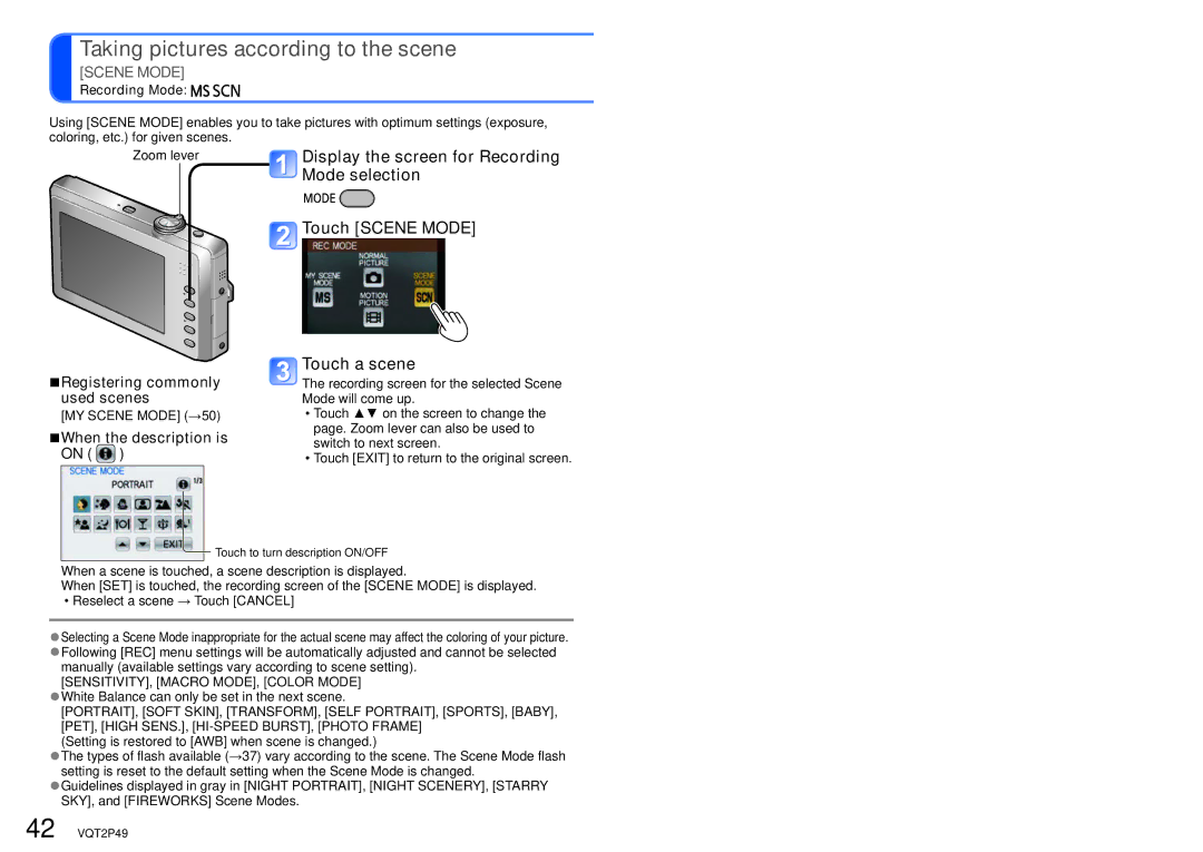 Panasonic DMC-FP3 operating instructions Registering commonly used scenes, When the description is 