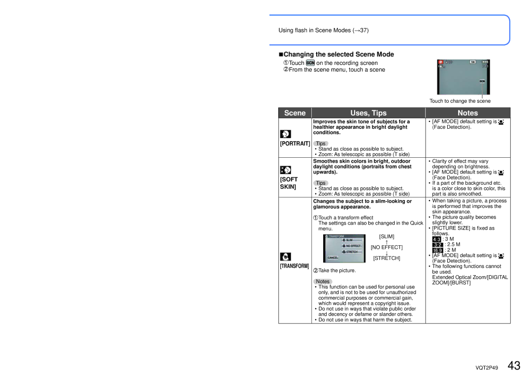 Panasonic DMC-FP3 operating instructions Scene Uses, Tips, Changing the selected Scene Mode, Portrait Tips, Soft, Skin 