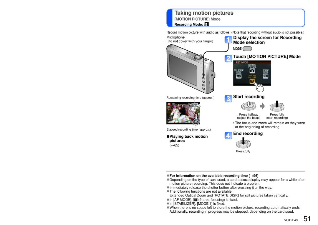 Panasonic DMC-FP3 End recording, Playing back motion pictures, →65, For information on the available recording time →96 