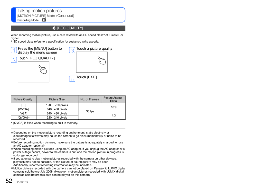 Panasonic DMC-FP3 operating instructions REC Quality, 169, Wvga, Qvga∗ 