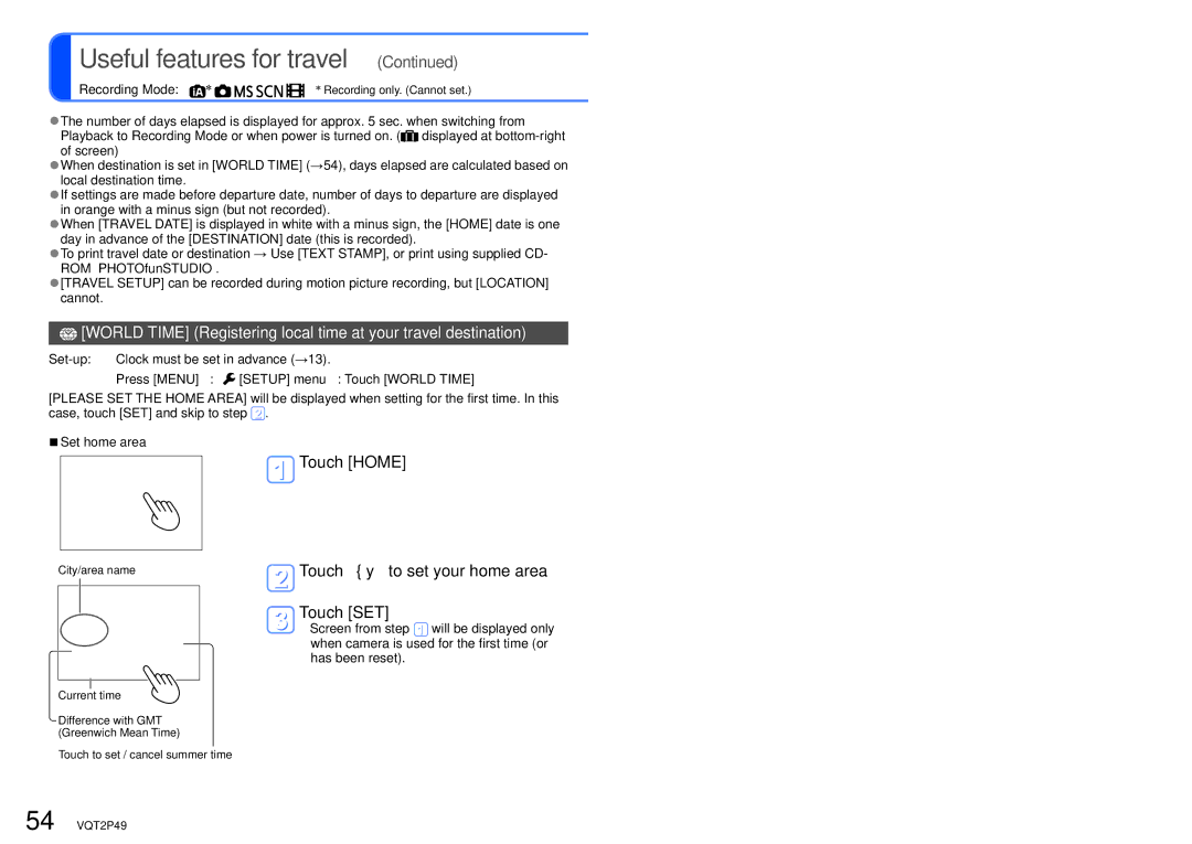 Panasonic DMC-FP3 operating instructions Touch Home, Touch to set your home area Touch SET, Recording Mode ∗, Set home area 