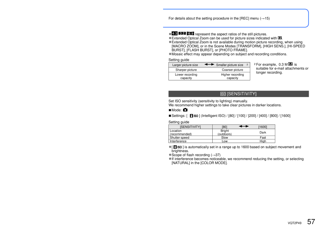 Panasonic DMC-FP3 operating instructions Sensitivity, Setting guide, Smaller picture size∗2, 1600 