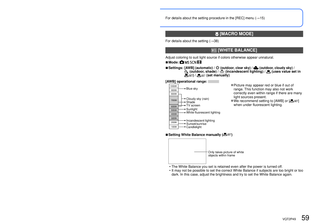 Panasonic DMC-FP3 operating instructions Macro Mode, Set manually AWB operational range, Setting White Balance manually 