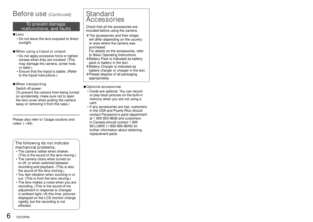 Panasonic DMC-FP3 operating instructions Before use, Standard Accessories, Following do not indicate mechanical problems 