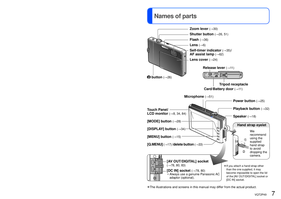 Panasonic DMC-FP3 Names of parts, Menu →17 /delete button →33, AV OUT/DIGITAL socket, DC in socket →78 