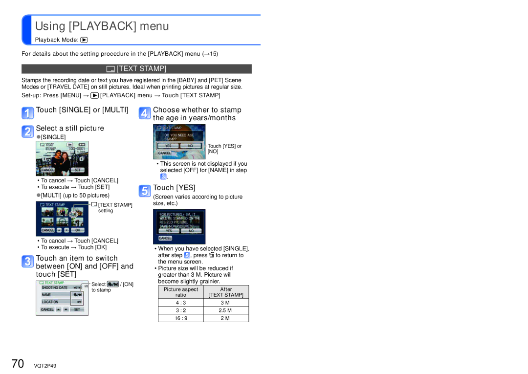 Panasonic DMC-FP3 operating instructions Using Playback menu, Text Stamp, Touch Single or Multi Select a still picture 