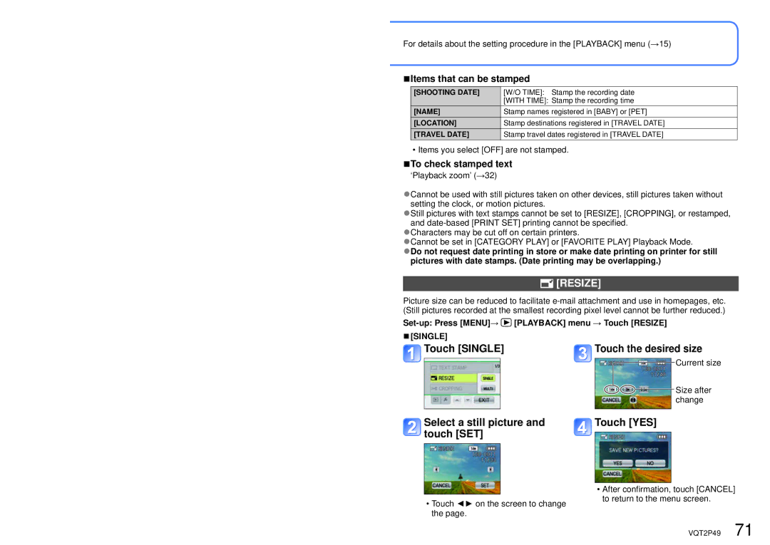 Panasonic DMC-FP3 operating instructions Resize, Touch Single, Select a still picture Touch YES Touch SET 