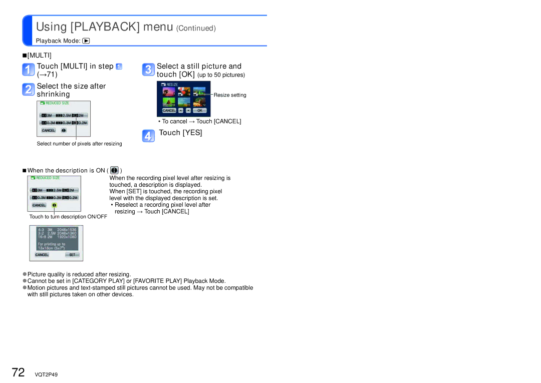 Panasonic DMC-FP3 operating instructions Touch Multi in step Select a still picture →71, Select the size after Shrinking 