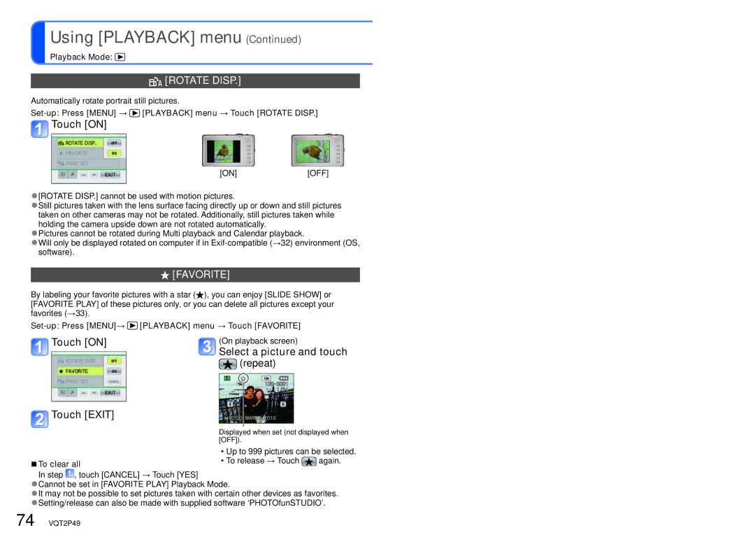 Panasonic DMC-FP3 operating instructions Rotate Disp, Favorite, Select a picture and touch 