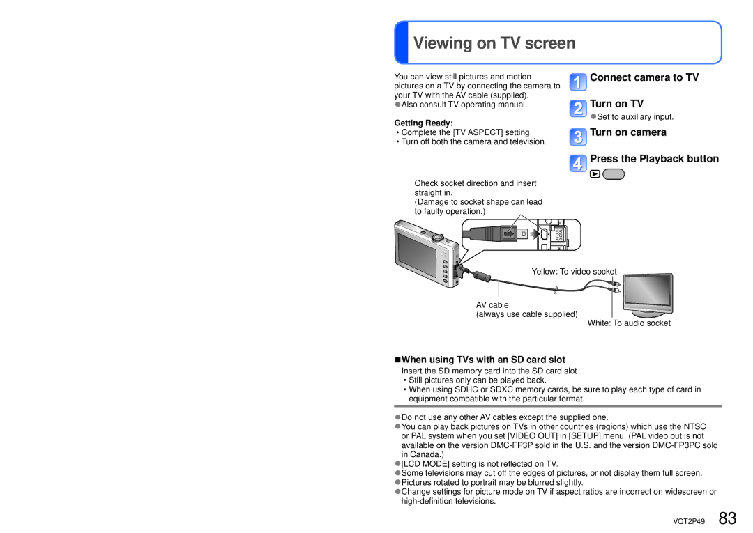 Panasonic DMC-FP3 Viewing on TV screen, Connect camera to TV Turn on TV, Turn on camera Press the Playback button 