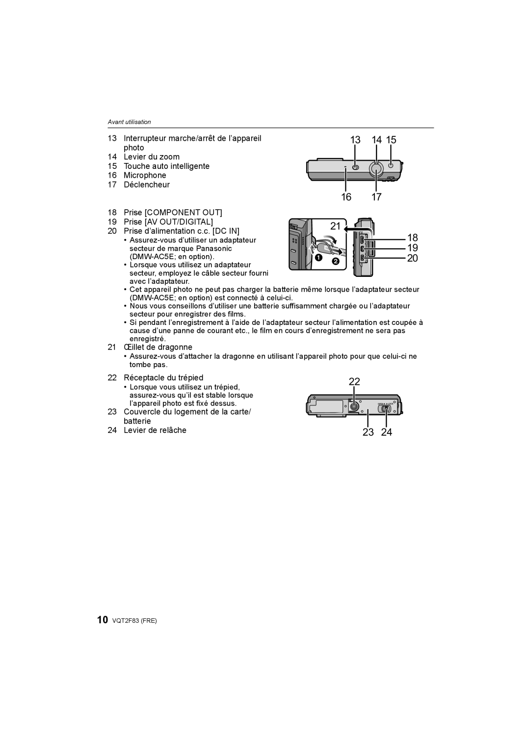 Panasonic DMC-FP8 manual 21 Œillet de dragonne, 22 Réceptacle du trépied 