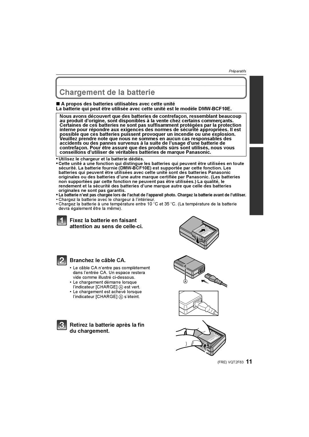 Panasonic DMC-FP8 manual Chargement de la batterie, Retirez la batterie après la fin du chargement 