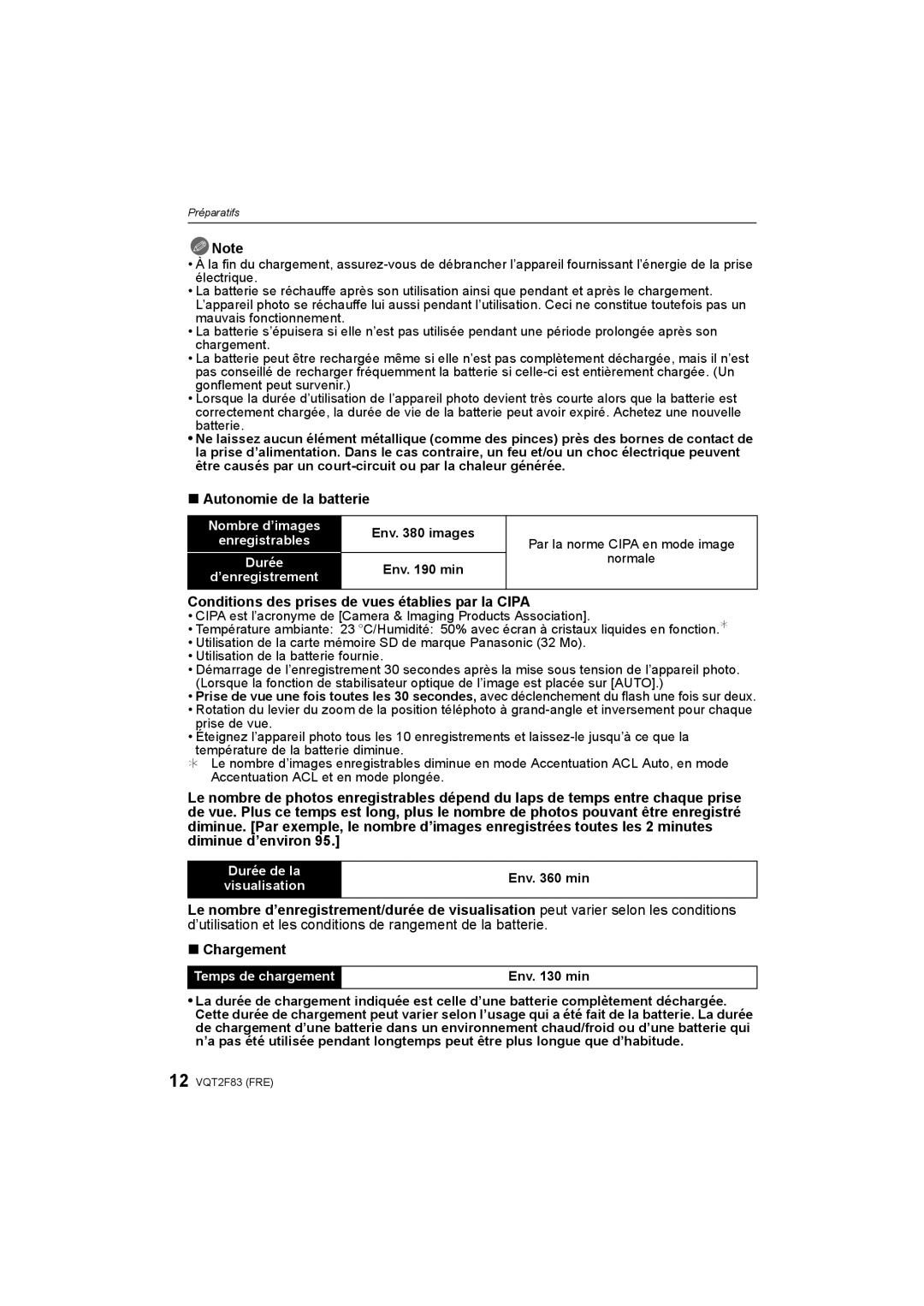 Panasonic DMC-FP8 manual Autonomie de la batterie, Conditions des prises de vues établies par la Cipa 