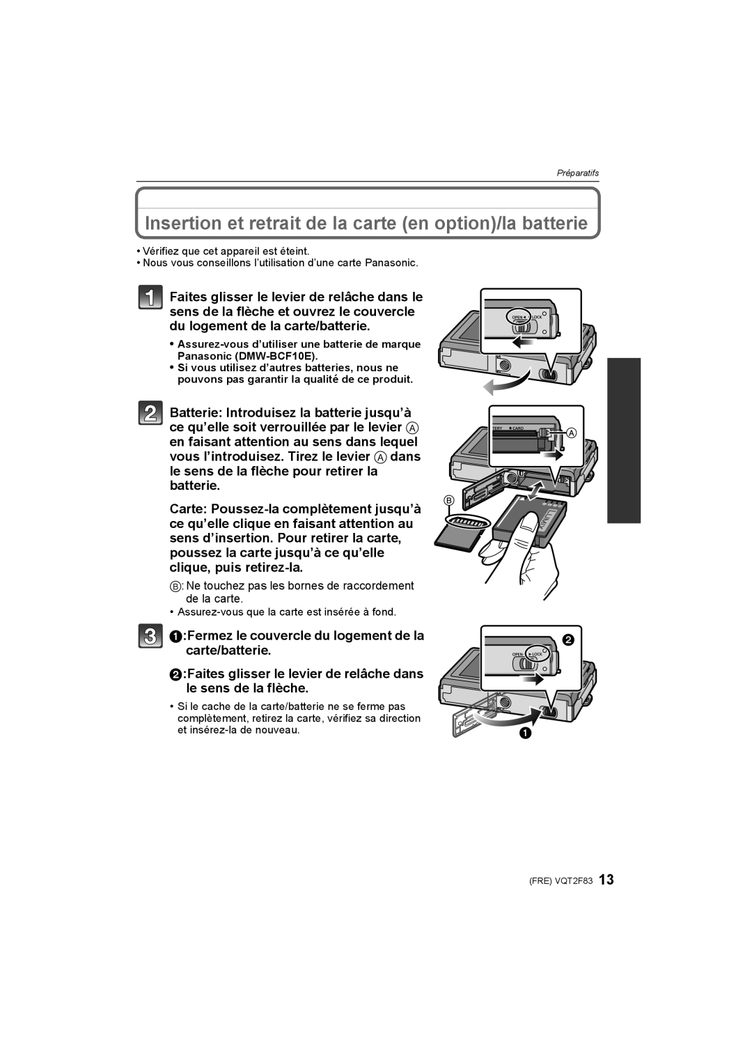 Panasonic DMC-FP8 manual Insertion et retrait de la carte en option/la batterie 