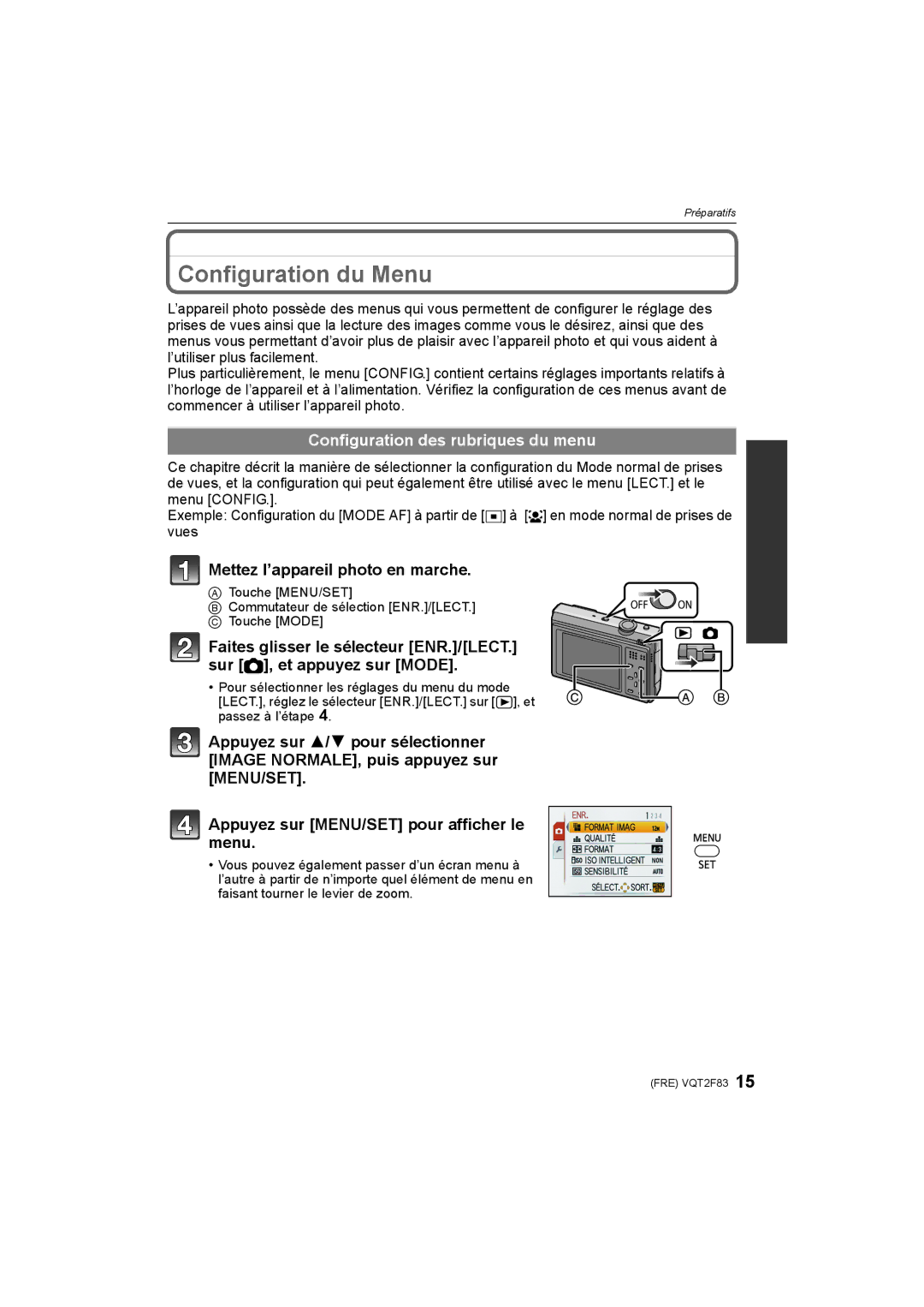 Panasonic DMC-FP8 manual Configuration du Menu, Configuration des rubriques du menu 