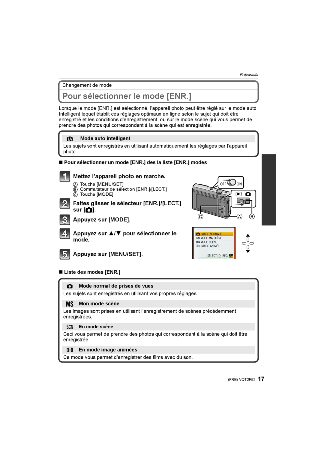 Panasonic DMC-FP8 manual Pour sélectionner le mode ENR 