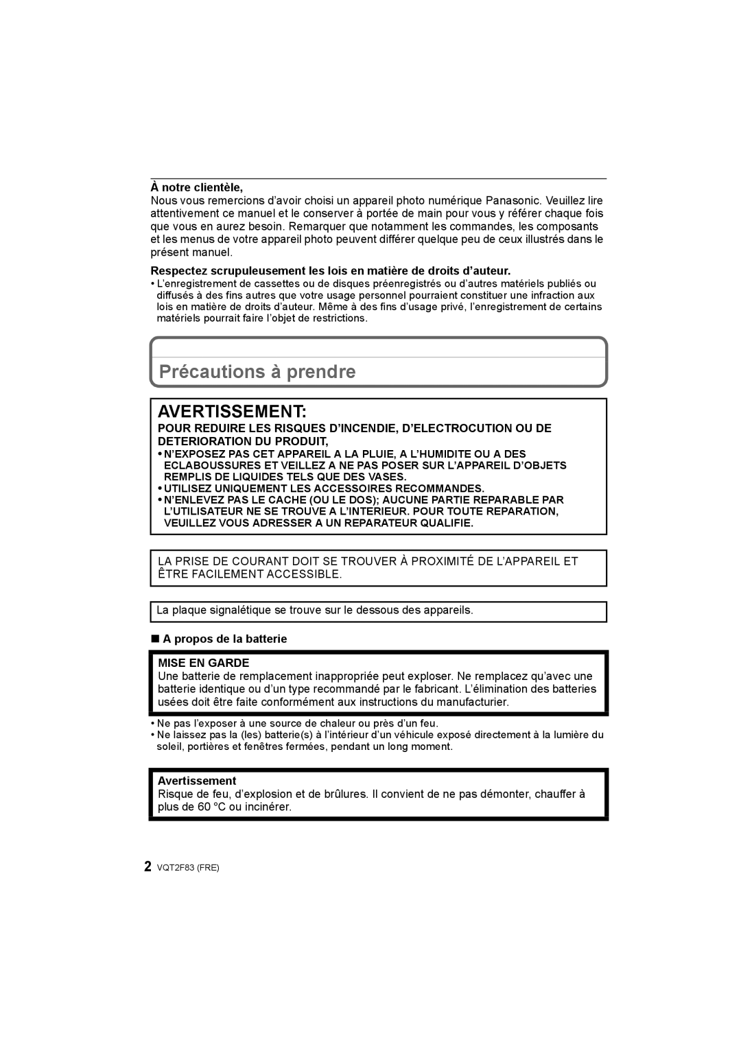 Panasonic DMC-FP8 manual Précautions à prendre, Notre clientèle, Propos de la batterie, Avertissement 